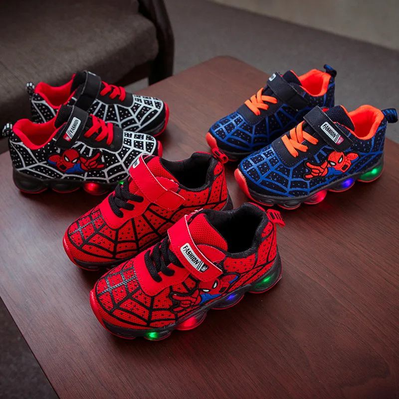 New Spiderman Led Mesh Sneakers Girls Boys Kids Luminous Glowing Sneakers Shoes for Boys Girls Lighted Led Baby Children Shoes