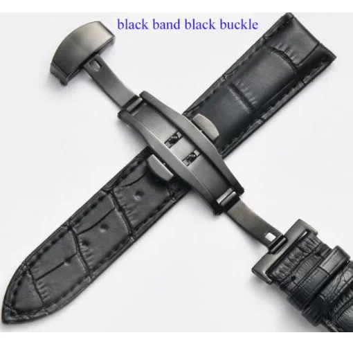 Elegant Leather Watch Band with Double Press Butterfly Clasp