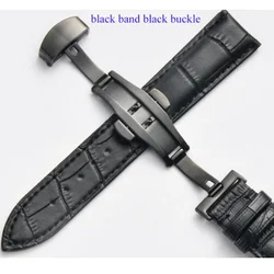 Elegant Leather Watch Band with Double Press Butterfly Clasp - 22mm (Black - black buckle)