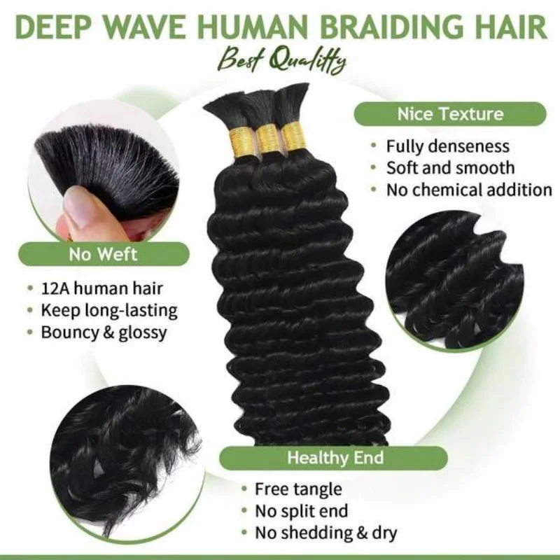 28 Inch Deep Wave Human Braiding Hair Natural Color Human Hair Bulk For Boho Braiding Deep Curly Human Hair Extensions No Weft 3