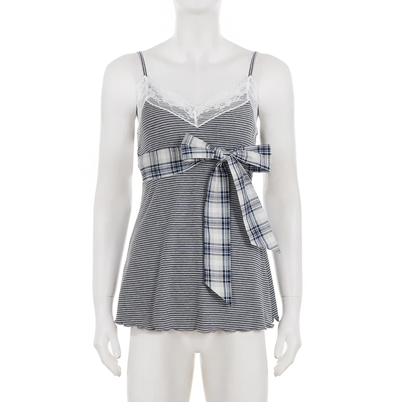 SUCHCUTE Sweet Lace Patchwork Striped Bow A-Line Tank Top Women Sleeveless Spaghetti Strap V-Neck Cami Chic Top Summer Backless