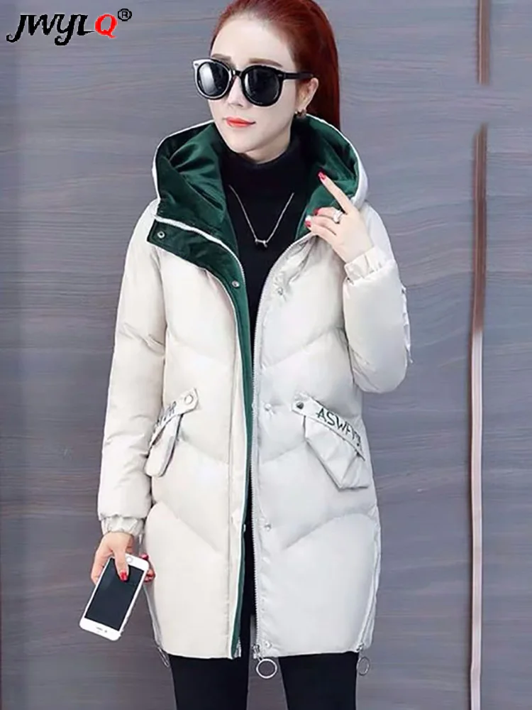 New Winter Patchwork Hooded Padded Coats Loose Mid-length Parkas Women Windproof Casual Cotton Jackets Zipper Snow Abrigos Mujer