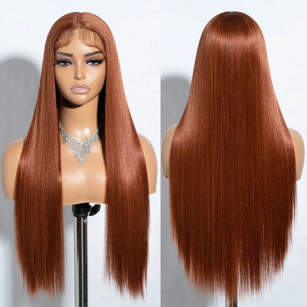 Synthetic Lace Front Wigs Dark Orange Ginger Color Hair 30" Long straight For Women Heat Resistant Cosplay Wigs