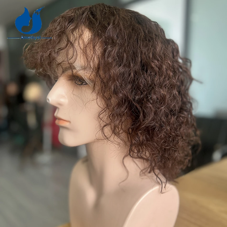 Amethyst Brazilian Loose Curly Brown Male Wig Human Hair with Bangs Pre Plucked Full Lace Wig #4 Color Short Wave Bob for Men