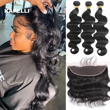 Extensioni di Capelli Umani con Chiusura 4x4/5x5 HD Lace, Fasci di Capelli Neri Naturali con Frontale, 100% Capelli Veri, Spedizione Rapida