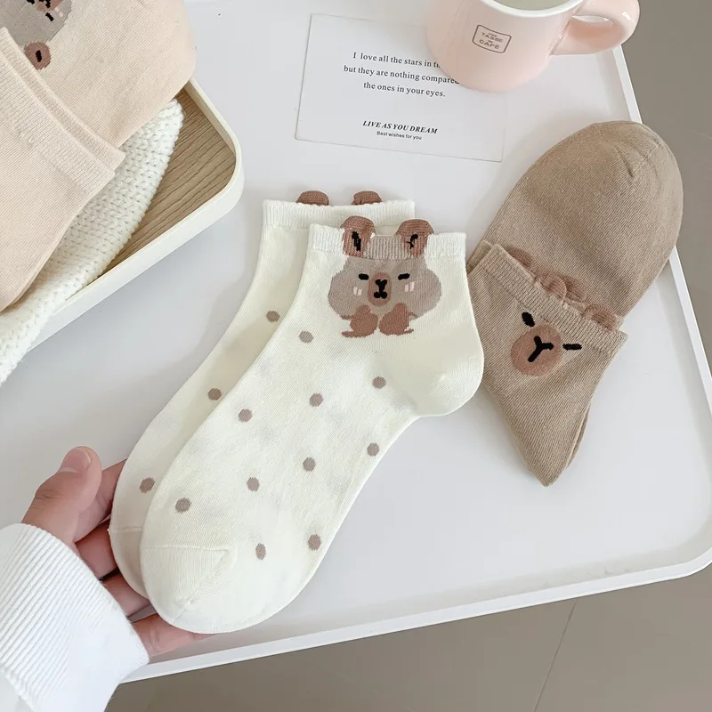 Description Picture 4 of item5 Pairs Bear Socks Cotton Capybara Socks Breathable Soft Japanese Casual Socks Summer Thin Coffee Cartoon Mid-tube Socks Women