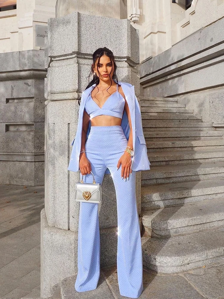 

New Fashion nva Women's Casual V Neck Long Sleeve Diamonds Pockets Jacket And Long Flare Pants Two Pieces Set Outfits Women