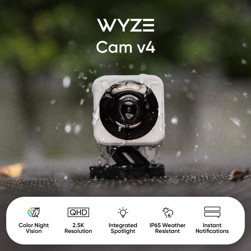 Wyze Cam v4, 2K HD Wi-Fi Smart Home Security Camera, Indoor/Outdoor , Pet/Baby Monitor, Motion Activated Spotlight/Siren
