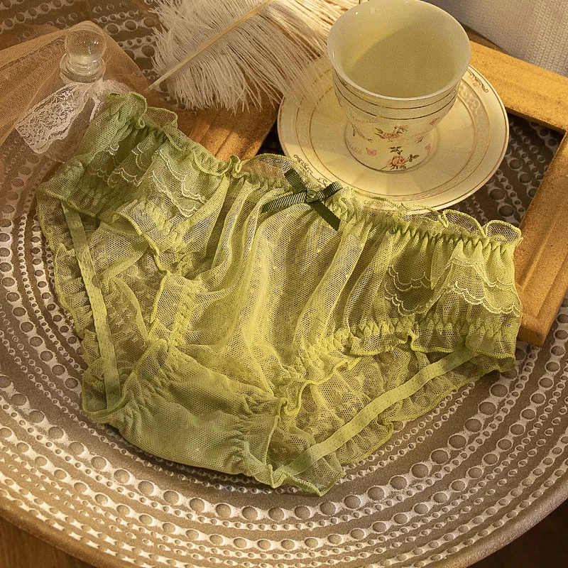 Women Sexy Lace See Through Briefs Ruffled Bowknot Seamless Dots Summer Breathable Stretch Plus Size Panties Underpants Lingerie