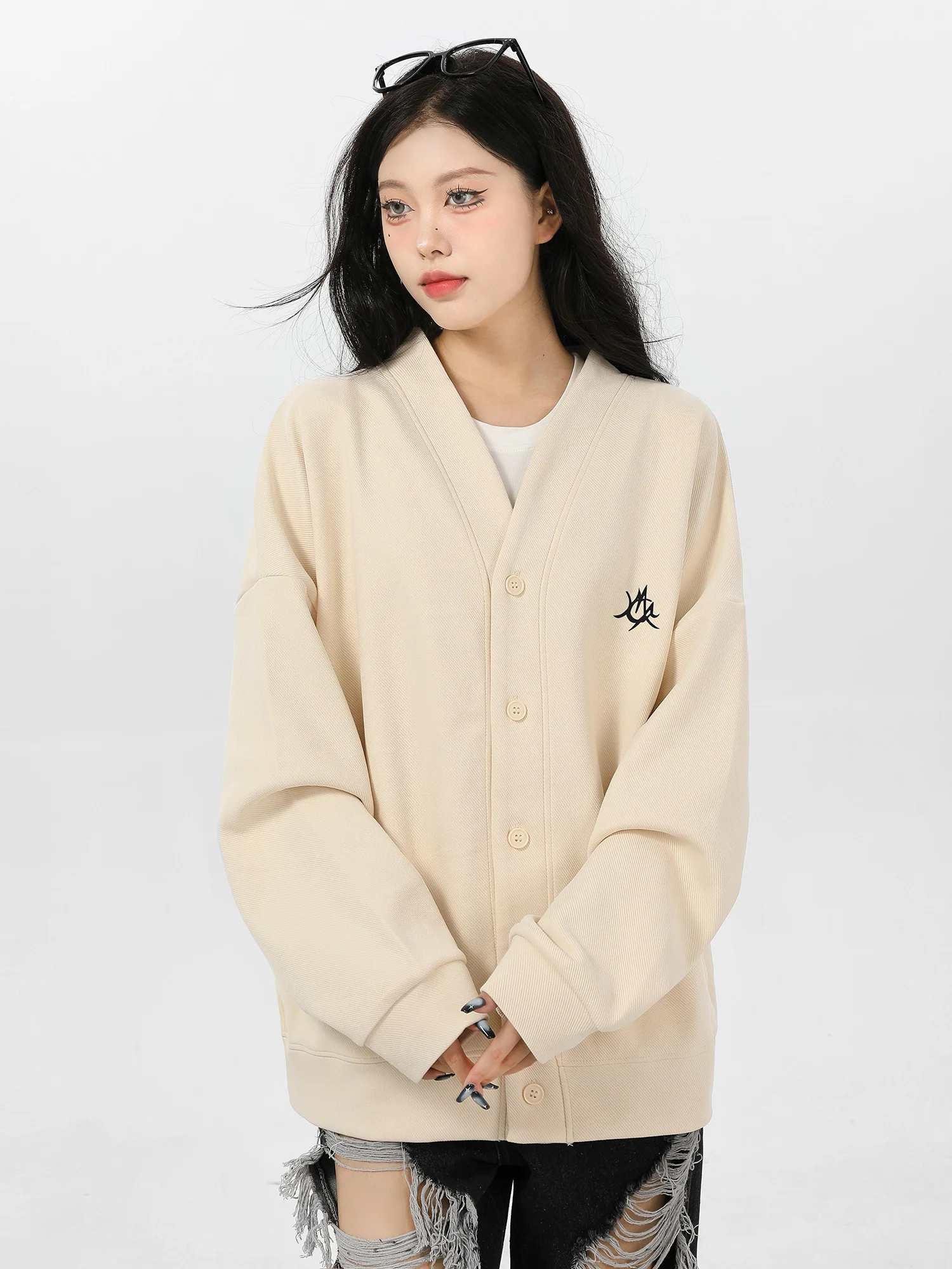 Hooded Sweatshirt Cardigan Women's Light-Colored Fashionable Loose Single-Breasted American V-neck SpringAutumn Long-Sleeved Top