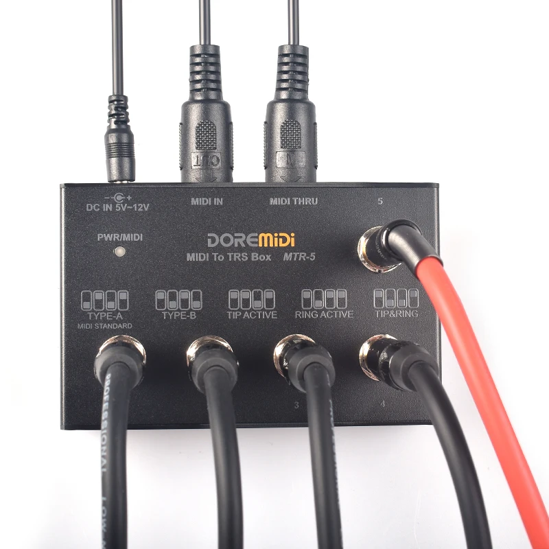 DOREMiDi MIDI THRU To TRS Box MTR-5는 MIDI 5핀 DIN 인터페이스를 TRS 인터페이스로 변환합니다.