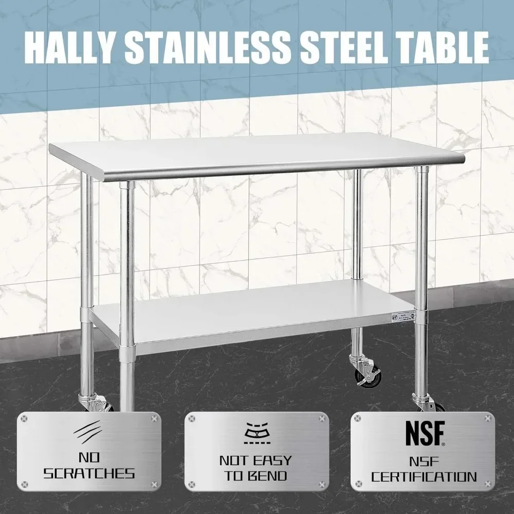 Stainless Steel Table for Prep & Work 24 X 48 Inches with Caster Wheels, with Undershelf and Galvanized Legs for Restaurant
