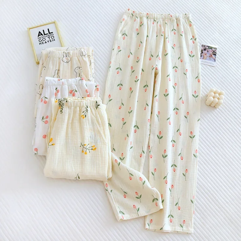 

Новые хлопковые простые удобные свободные домашние пижамные брюки для женщин с разноцветными цветами и боковыми карманами Милая пижама брюки