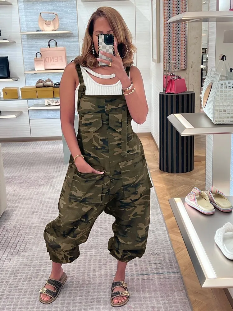 

Hip Hop Camouflage Camo Print One Piece Overalls Casual Spaghetti Strap Sleeveless Front Double Pockets Baggy Long Jumpsuits