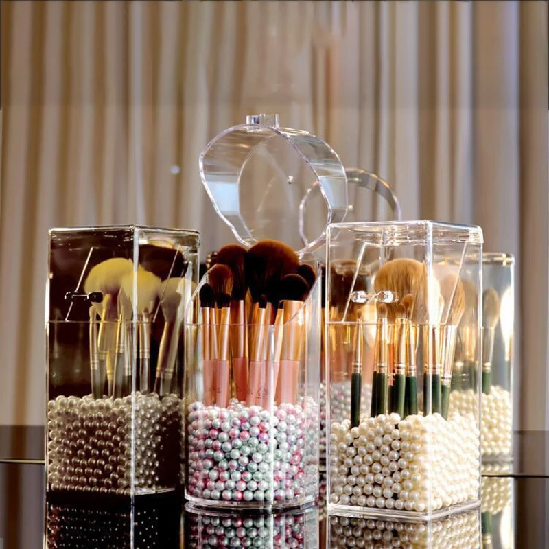 

Acrylic Makeup Brush Holder,Makeup Brush Organizer With Beads,Clear Dustproof Paintbrush Stationery Storage Bucket With Lid