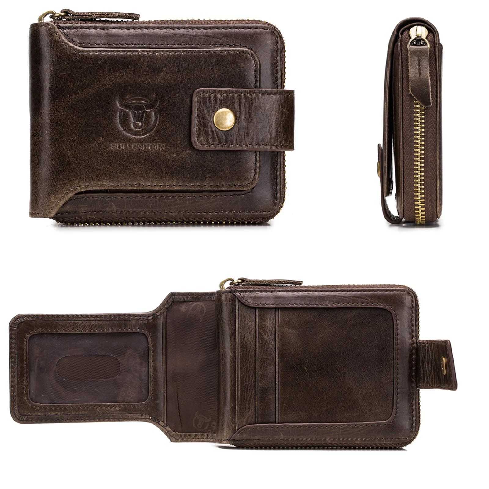 Genuine Leather Men's Wallet with Zipper - RFID Blocking, Large Capacity, Vintage Design, ID Window & Coin Pocket