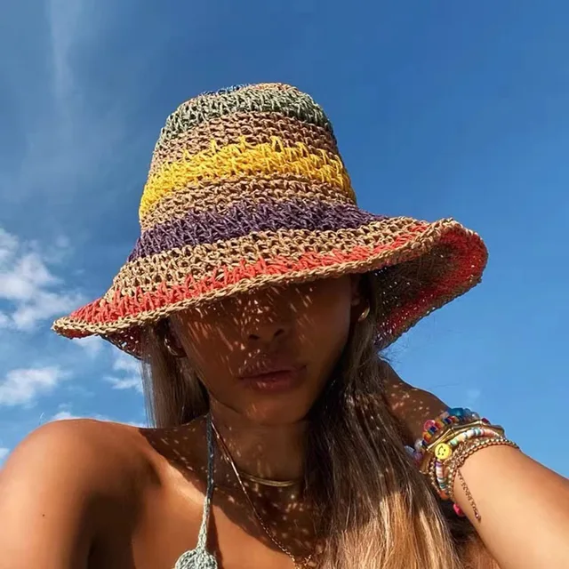 100%Raffia rainbow Girl Sun Hat Wide Brim Floppy Summer Hats For Women Beach Panama Straw Dome Bucket Hat Femme Shade Hat 1