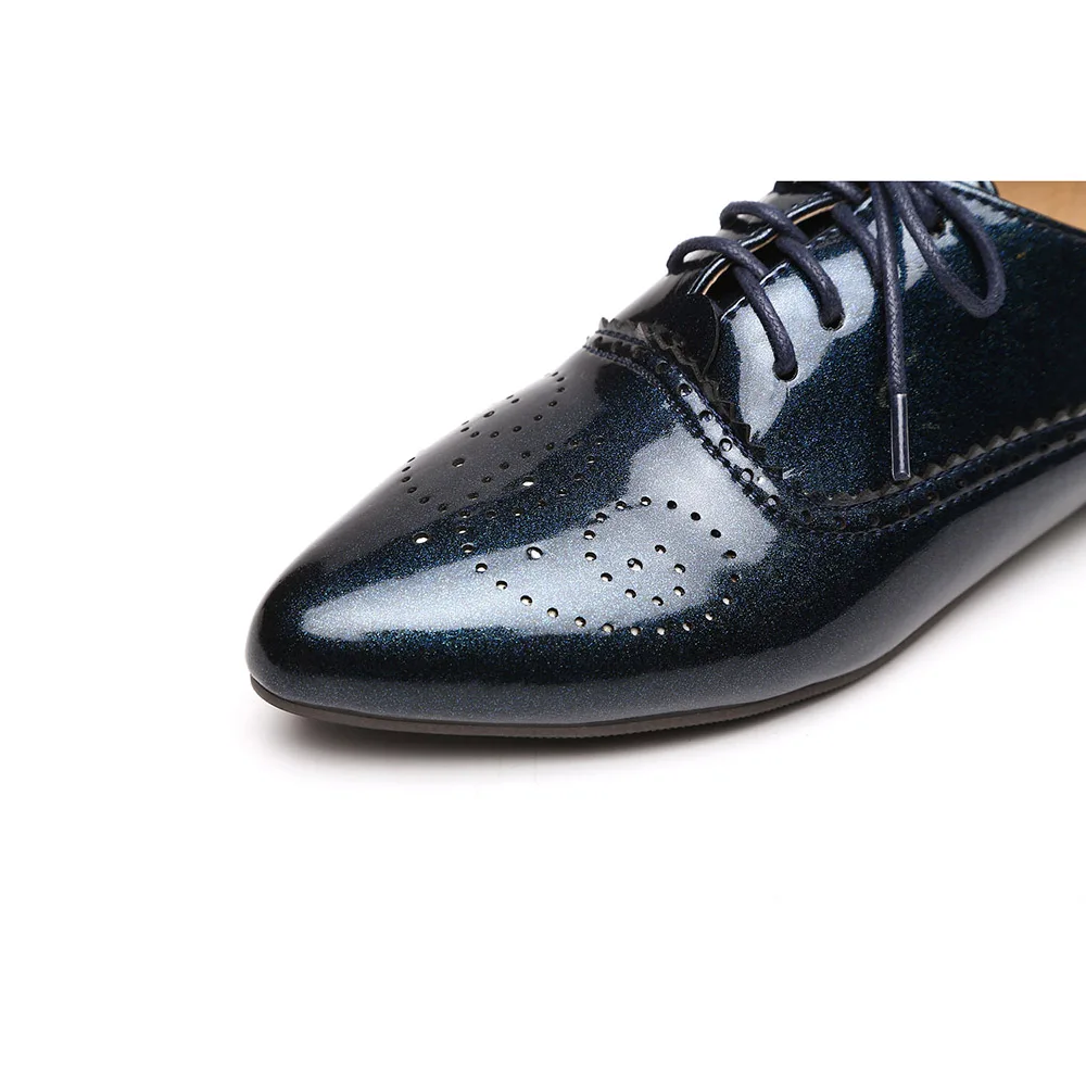 Fashion Women Glossy Oxfords Black Blue White Female Brogue Shoes Low Heels ASP51-5 Plus Big Size 32 43 10