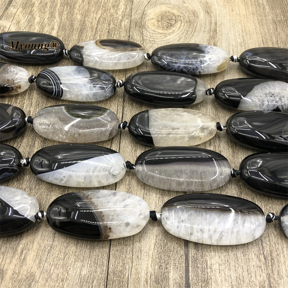 대형 타원형 천연 흑백 마노 쿼츠 슬라이스 펜던트 비즈, DIY 쥬얼리 제작용, 20x40mm, 9 개/몫 MY221202