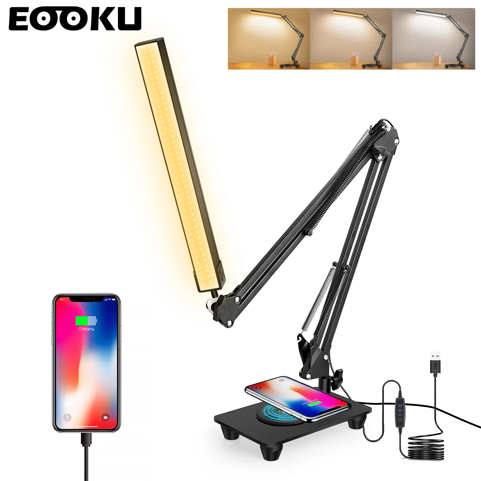 

EOOKU 12W Desk Lamp Foldable Table Lamp with Wireless Charger,USB Charging Port LED Table Light for Home Office with Clamp&Stand