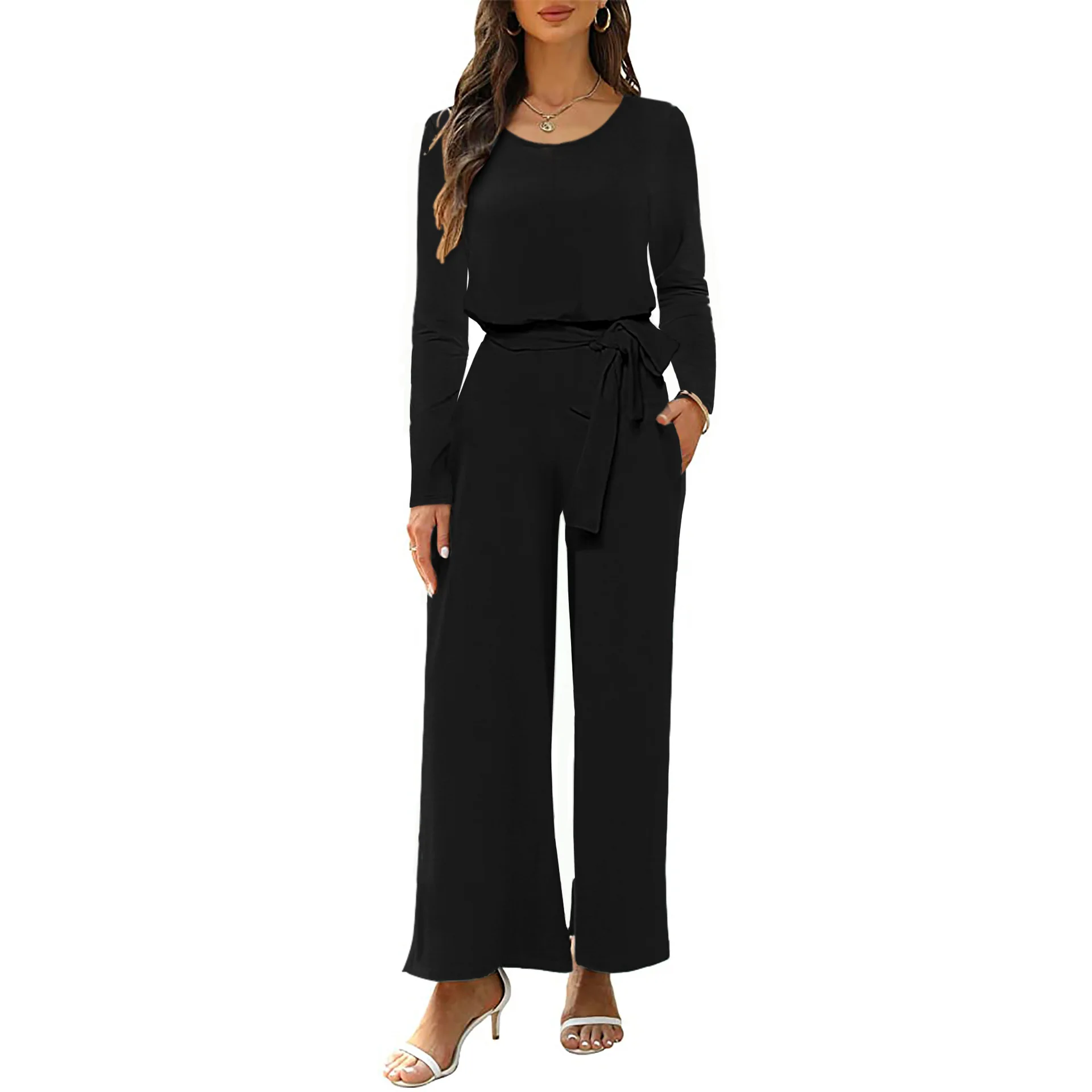 

Women Jumpsuits Overalls One Piece Long Sleeve O Neck Rompers Pockets Wide Leg Pants Belt Solid Color Slight Strech Winter