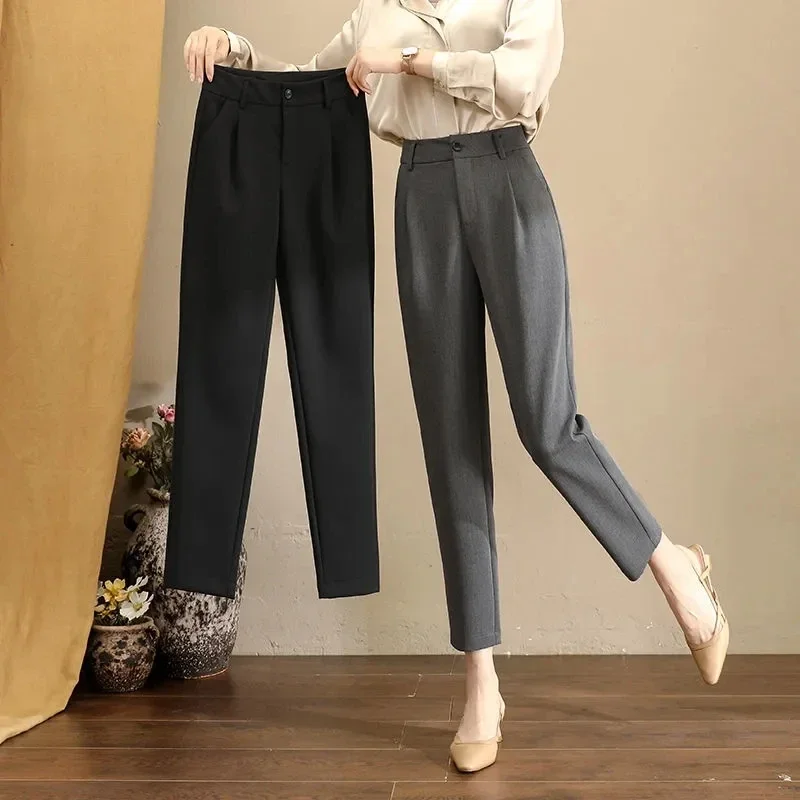 

Прямые черные однотонные повседневные деловые женские Костюмные брюки с высокой талией для офиса корейские модные брюки до щиколотки для женщин B827