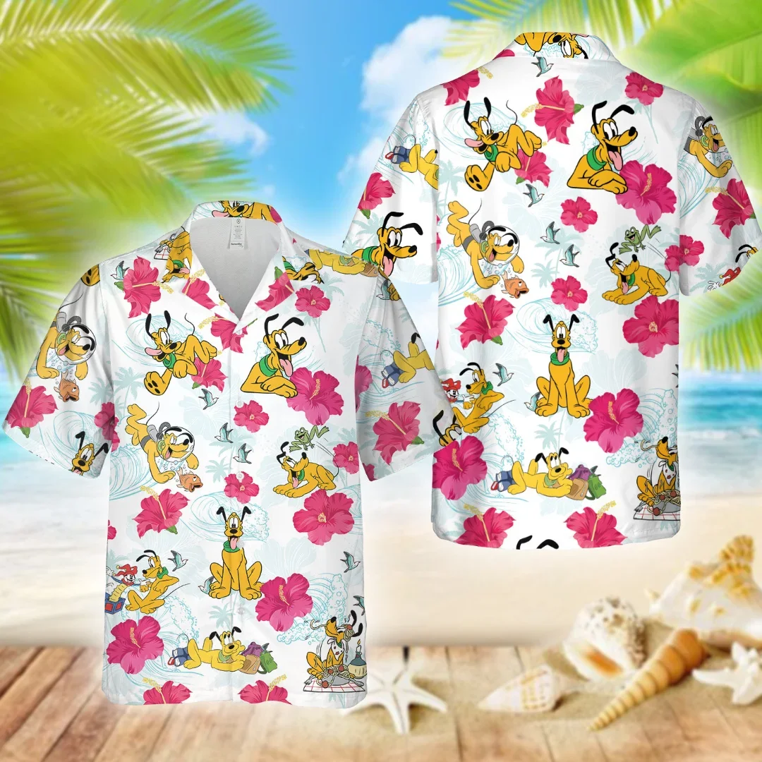 Disney Pluto Dog Hawaiian Shirts Men's Women Summer Short Sleeve Shirts Disney Hawaiian Casual Beach Harajuku Top