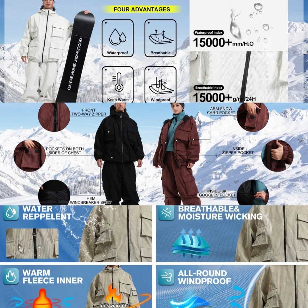 GSOU SNOW Mens Baggy Snowfield Tops Women Warm Windproof Skiing Clothes Multi-Pockets Workwear Jackets Outdoor Waterproof