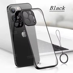 Frameless Translucent Matte Phone Case with Finger Ring - Shockproof Hard PC Cover, Available in 3 Colors - iPhone 15 Plus (Black Case and Ring)
