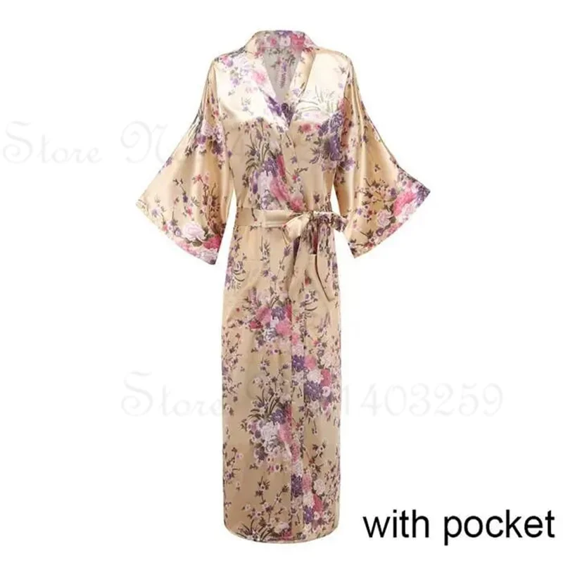 Elegant Satin Kimono Robe with Pockets - Women's Luxurious Loungewear and Bridal Dressing Gown