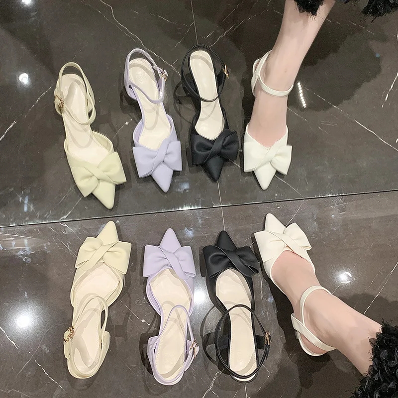 Baotou Sandals Women's  New Bow Stiletto Temperament with Skirt Pointed Toe French Line with High Heels