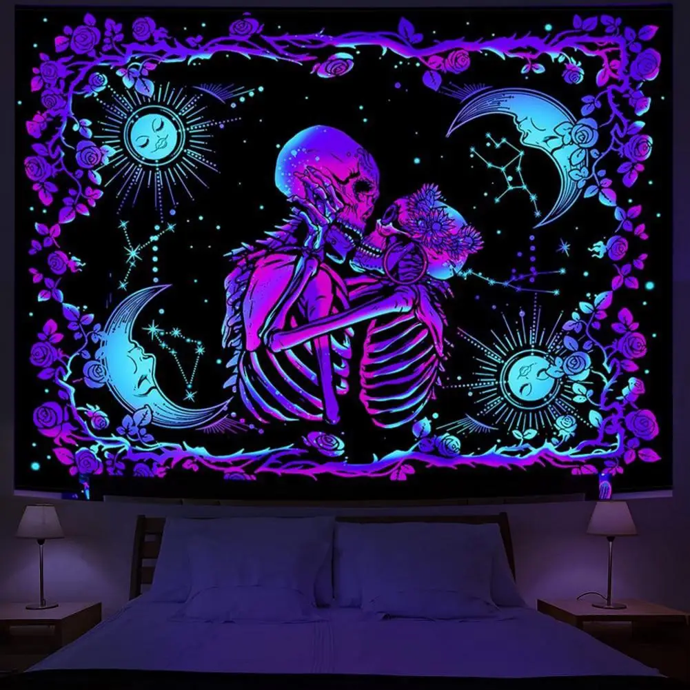 1 Set Skull Tapestry Glow In The Dark Black UV Light Reactive Rectangle Tapestry Washable Wall Art Sunflower Hanging Cloth