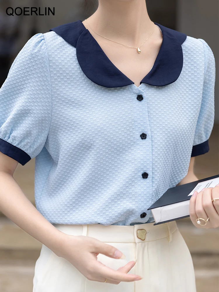 QOERLIN Waffle Contrast Color Short Sleeve Blouse 2023 Summer New Doll Collar Tops Shirts Single-Breasted Elegant Office Ladies