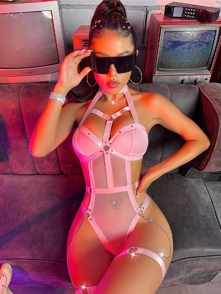 Sexy Body Frauen Hot Mesh Dessous Offene Anal Durchsichtig Hohl Teddies Erotische Kette Fetisch Unterwäsche Exotisches Kleid Set 1