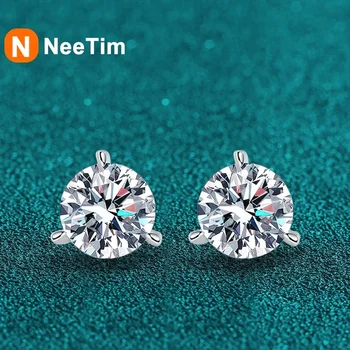 NeeTim 2ct 8mm D Color Moissanite Earrings 925 Sterling Silver 3 Claw Stud Earring Wedding Engagement Fine Jewelry for Women