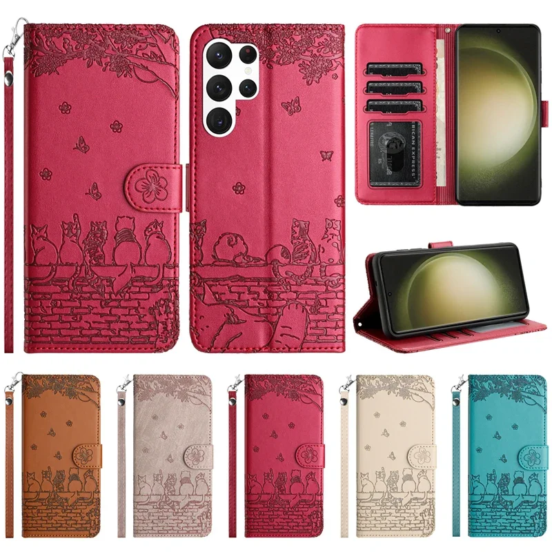 Portafoglio Cat Custodia In Pelle Flip Over Goffrata Per Samsung S23 S22 Plus S21 Ultra S20 Fe A05S A12 A13 A14 A23 A34 A51 A54 A71 A72