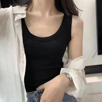 Women Solid Round Neck Ribbed Tank Top Camisole Women 2025 Summer Basic Elastic Tank Top O Neck Solid Tank Top 1