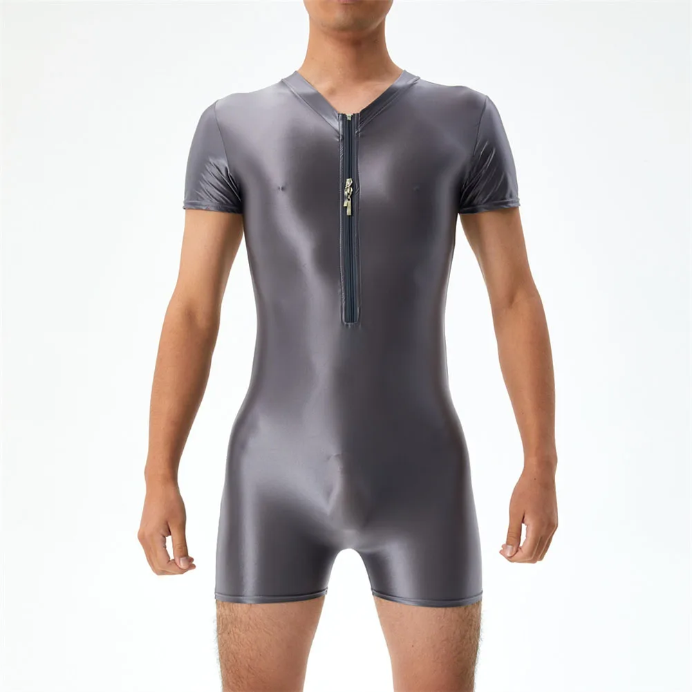 

Men's Oil Glossy Bodysuit Leotard V-neck Zip Up Sexy Gym Tights Solid Color Silky Elastic Jumpsuits Men Clothing