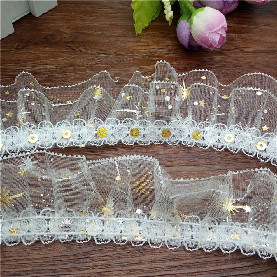 3-Layer Golden Silver Stars Flower Lace Gathered Pleated sequined Trim DIY Lace fabric 1/ 3/ 5yards
