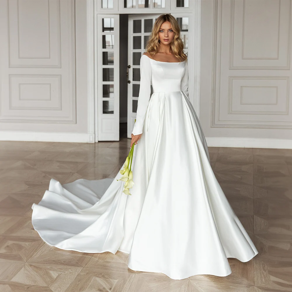 

Boat Neck Satin Wedding Dress for Women with Long Sleeve Simple Pleat Birdal Gown Court A-line Wedding Gown свадебное платье