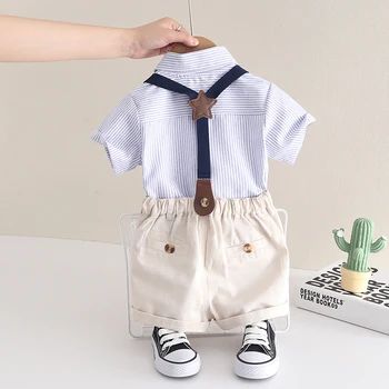 New Summer Kids Boy's Clothes Suits Children Blue Striped Shirt Bib Shorts 2Pcs/Set Gentleman Toddler Baby Tracksuits 0-5 Years 2