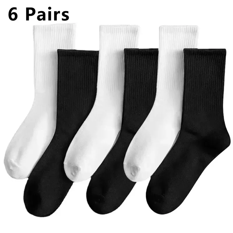 6 Pairs Men's Black White Mid-Calf Socks – Harajuku Streetwear Breathable Casual Socks