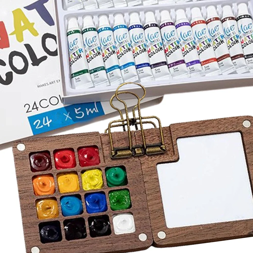 Wooden Grid Paint Box Pocket Artist Travel Paint Palette Mini Watercolor Set for Painters Artists Students