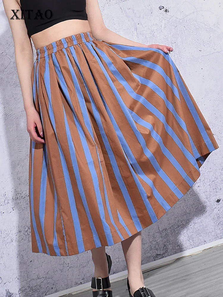 

XITAO Striped Skirt Fashion New Women Elastic Waist Goddess Fan Casual Style 2021 Spring Autumn Loose Minority Skirt ZY4491