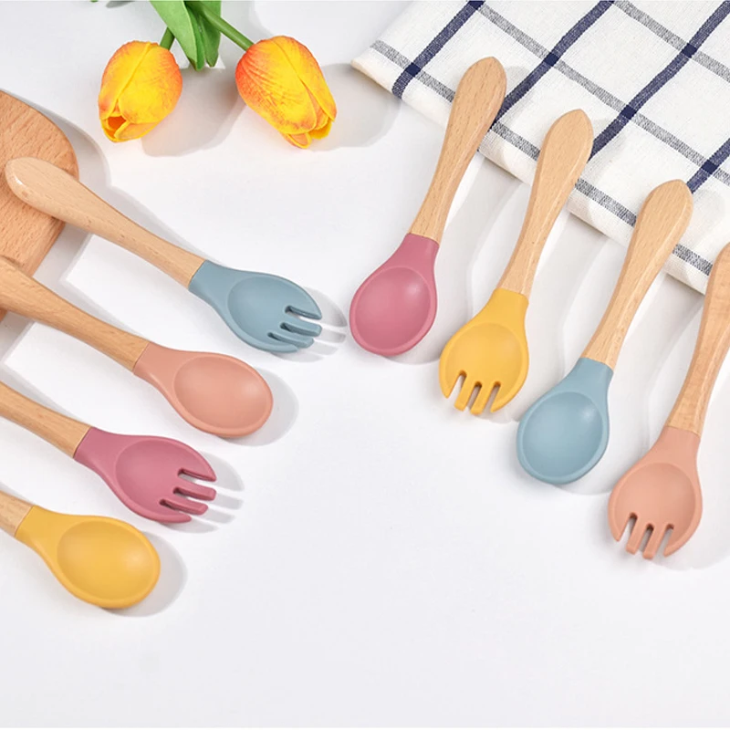 100% Food Grade Silicone Baby Wooden Handle Fork Spoon For Children's Eating Training Spoon For Complementary Food Tableware Set 3