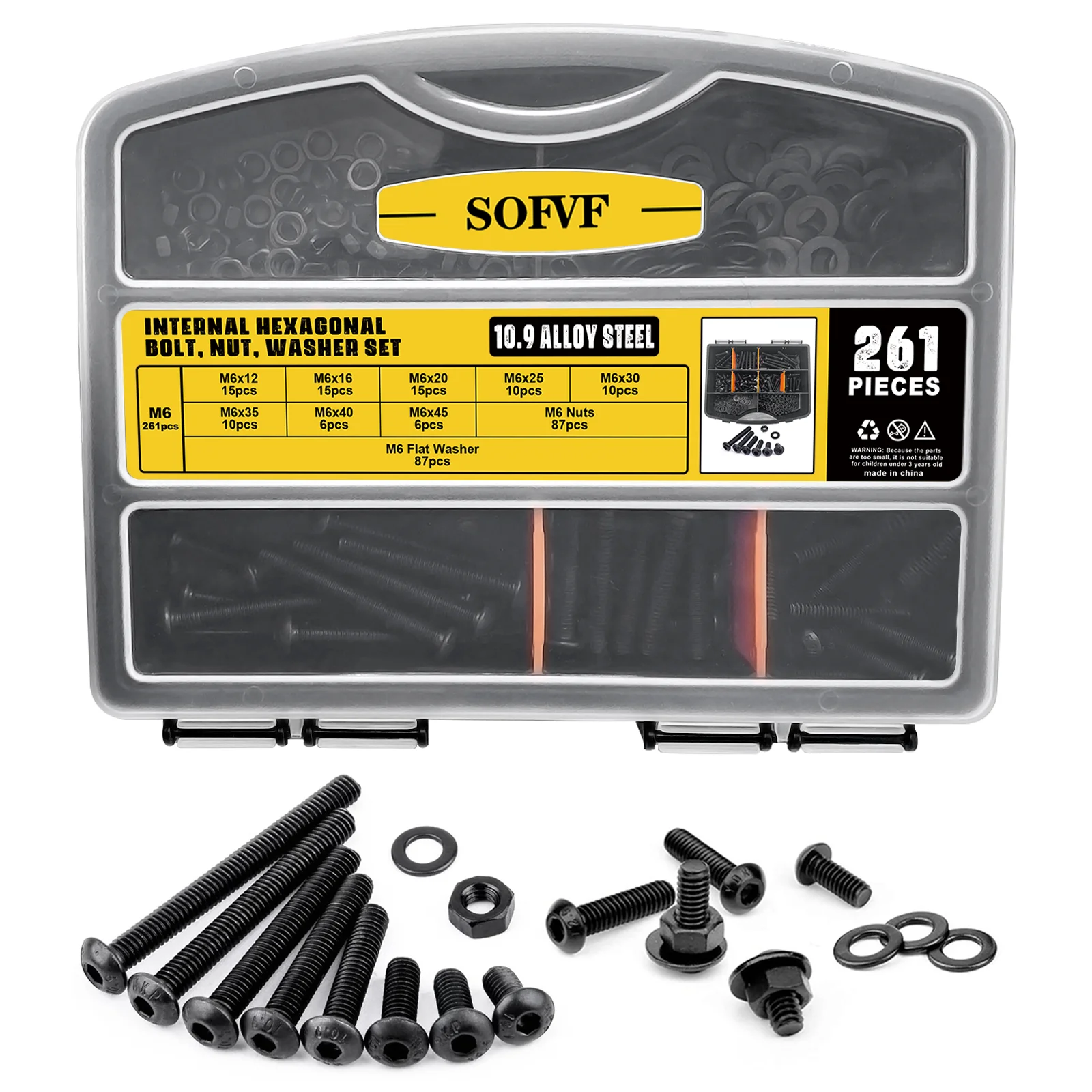 261PCs Push-Button Hex Screw & Accessory Sorting Kit-Black Oxide Finish, Allen Drive, Ideal for Woodworking & Bicycle Repair