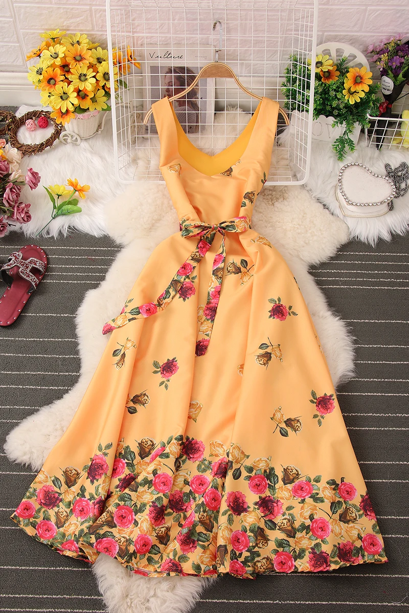F43 Sweet Memory Blue Pink Black Yellow Flower Women Dresses New Fashion Lady Summer Sleeveless V-neck Girl Cocktail Dress