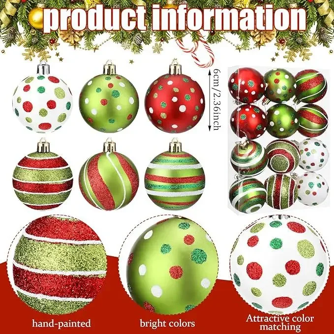 thumbnail image 1 of Juego de 12 bolas navideñas de plástico galvanizado pintadas a mano nuevas, colgantes para árboles de Navidad, decoraciones navideñas para centros comerciales, 1 of 4