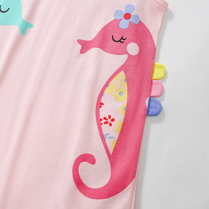 2025 Summer Kids Clothes Children's Clothing Baby Girls Cotton Cartoon Seahorse Pink Dresses Holiday Gifts