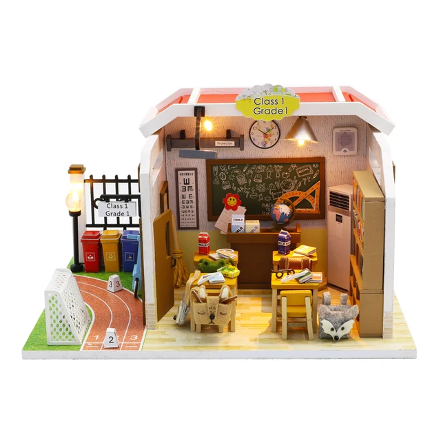 Class M907 Wooden Doll House Classroom Toys Diy Dollhouse Furnitures Music Kids Furniture Minature Doll Houses Kit Poppenhuis 6